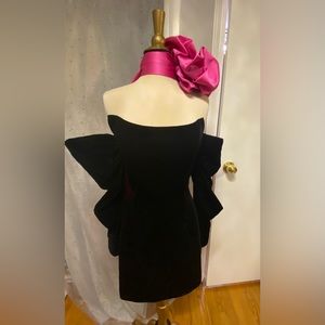 Short black velvet shoulder off dress with satin pink scarf